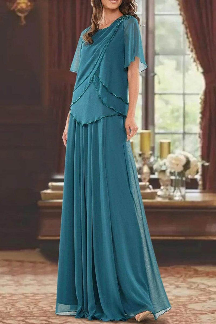A Line Jewel Neck Short Sleeves Floor Length Mother Dress CM0363 - COCOMELODY