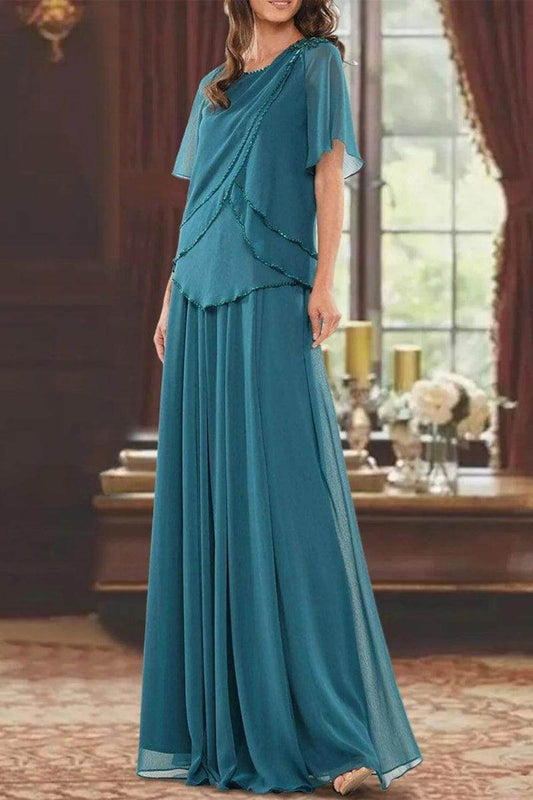 A Line Jewel Neck Short Sleeves Floor Length Mother Dress CM0363 - COCOMELODY