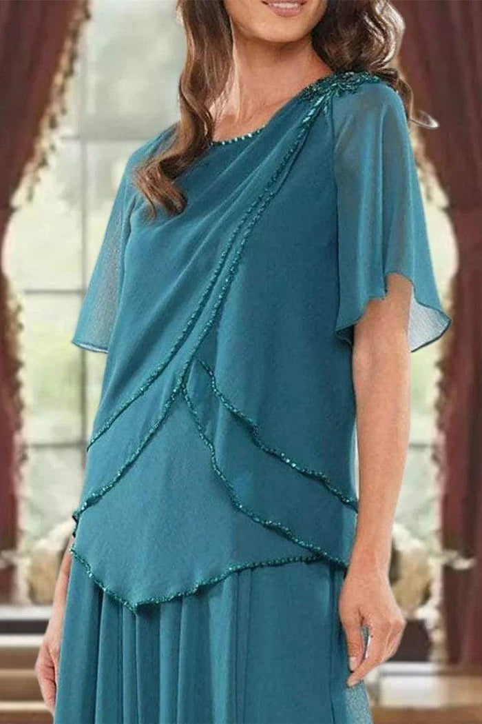 A Line Jewel Neck Short Sleeves Floor Length Mother Dress CM0363 - COCOMELODY