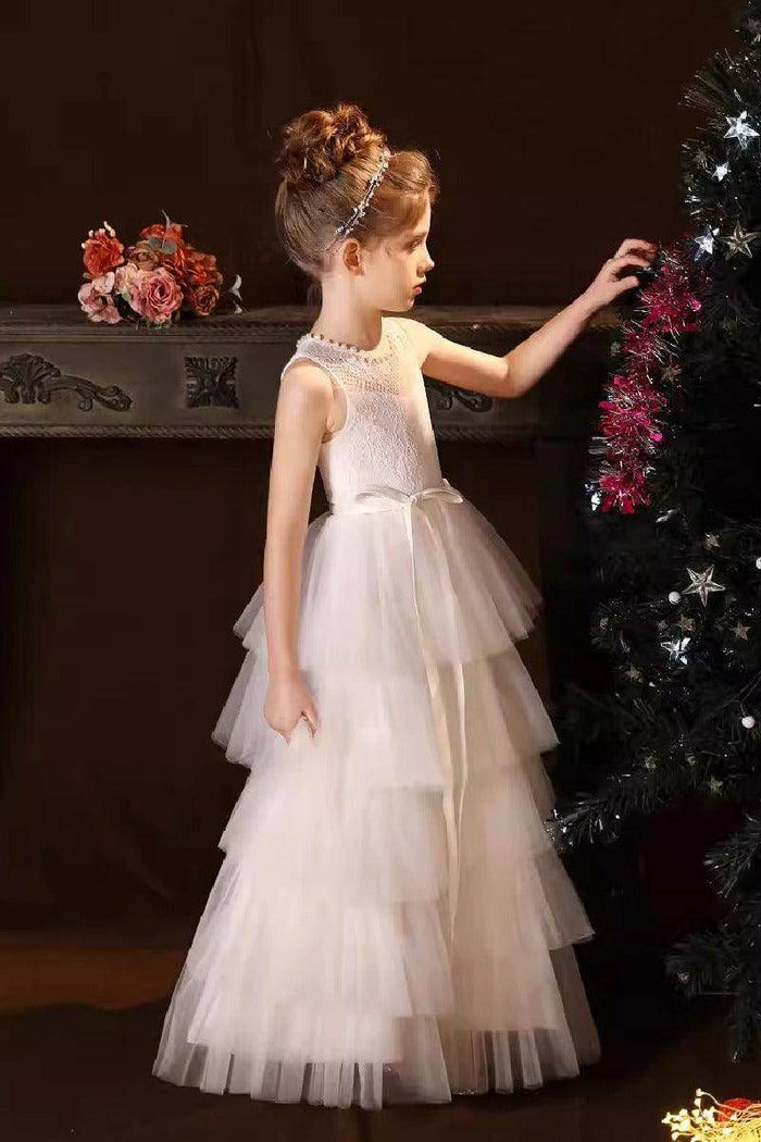 A-Line Scoop Neck Lace/Tulle Flower Girl Dresses With Cascading Ruffles 809160851086 - COCOMELODY