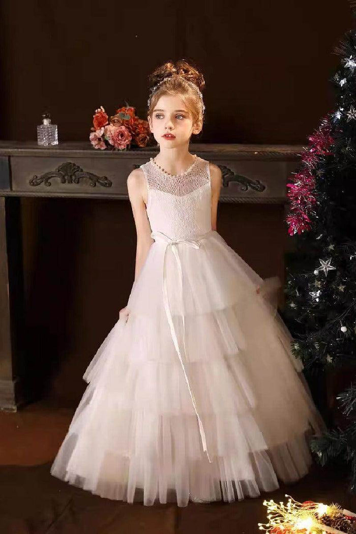 A-Line Scoop Neck Lace/Tulle Flower Girl Dresses With Cascading Ruffles 809160851086 - COCOMELODY