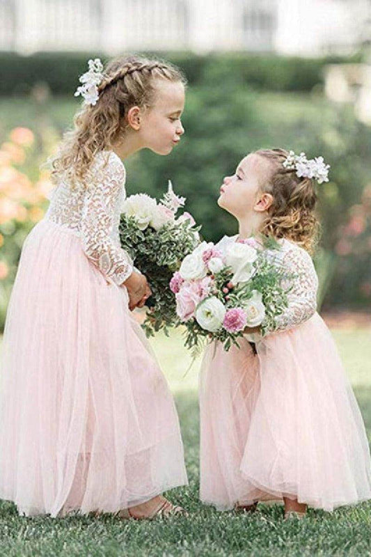 A-Line Scoop Neck Long Sleeve Lace/Tulle Flower Girl Dresses 725541112725 - COCOMELODY