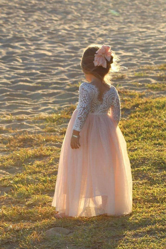 A-Line Scoop Neck Long Sleeve Lace/Tulle Flower Girl Dresses 725541112725 - COCOMELODY