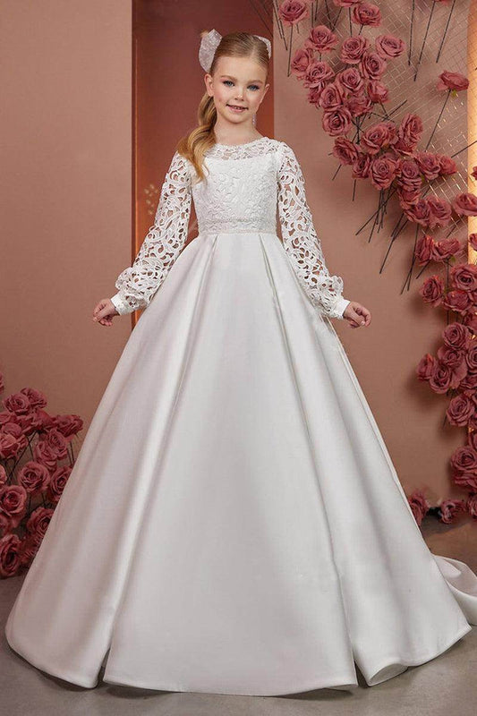 A-Line Scoop Neck Long Sleeve Satin Sweep-Brush Train Flower Girl Dresses With Lace 738781084079 - COCOMELODY