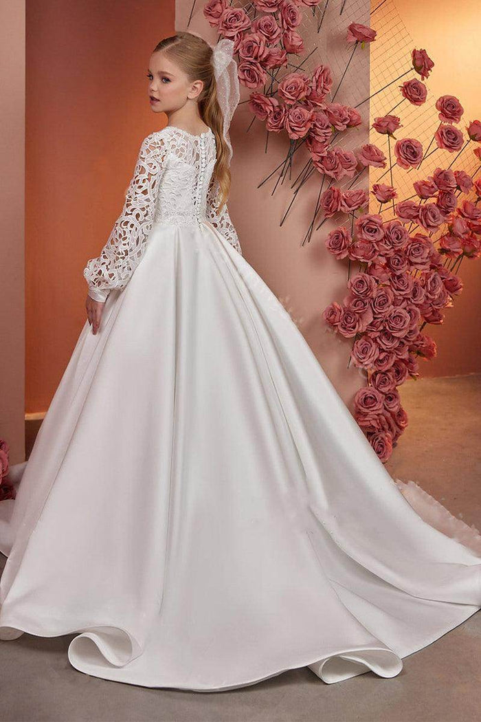 A-Line Scoop Neck Long Sleeve Satin Sweep-Brush Train Flower Girl Dresses With Lace 738781084079 - COCOMELODY