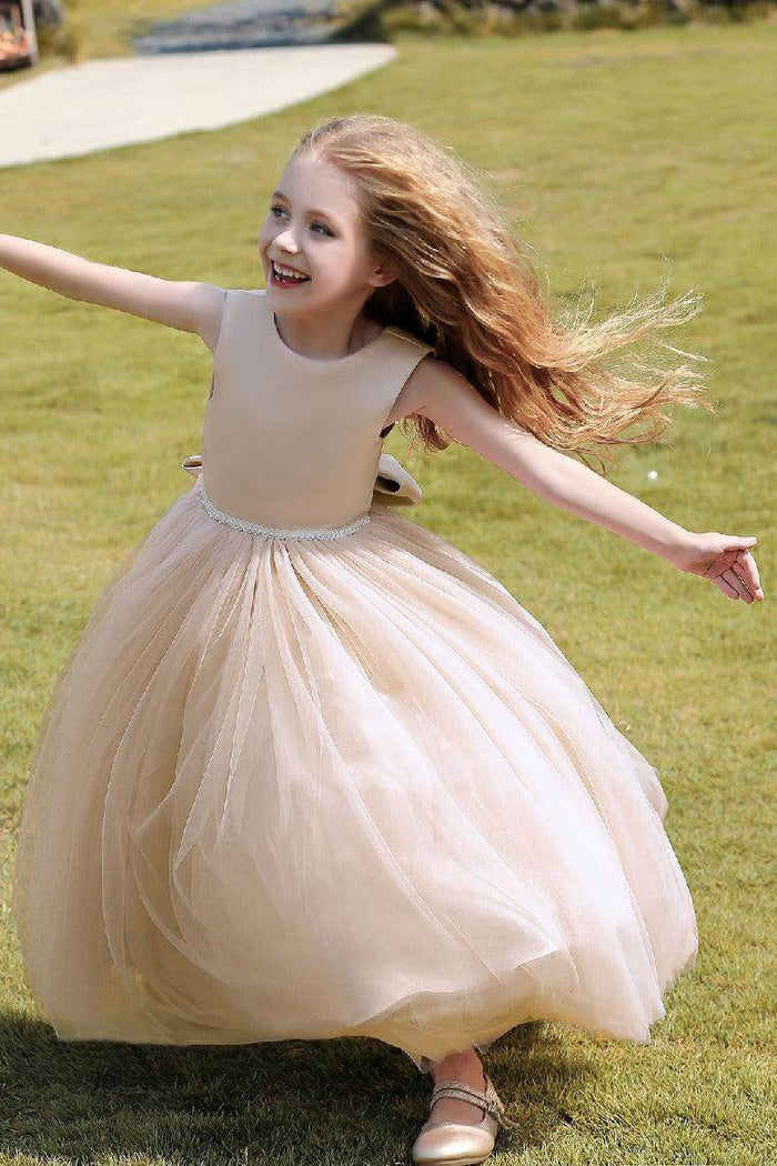 A-Line Scoop Neck Sleeveless Floor-Length Satin/Tulle Flower Girl Dresses With Bow(s) 744500696201 - COCOMELODY