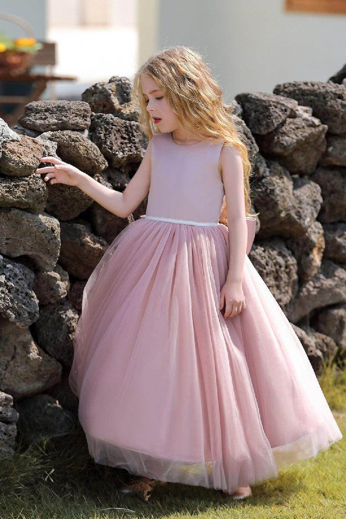 A-Line Scoop Neck Sleeveless Floor-Length Satin/Tulle Flower Girl Dresses With Bow(s) 744500696201 - COCOMELODY