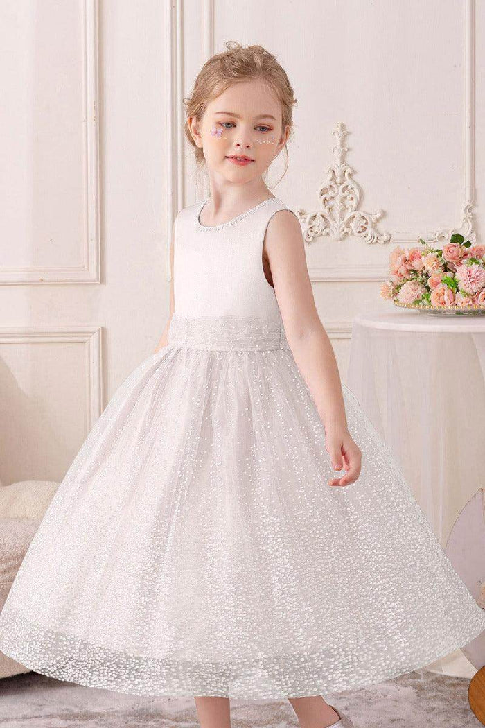 A-Line Scoop Neck Sleeveless Midi Tulle/Sequined Flower Girl Dresses 828722259586 - COCOMELODY