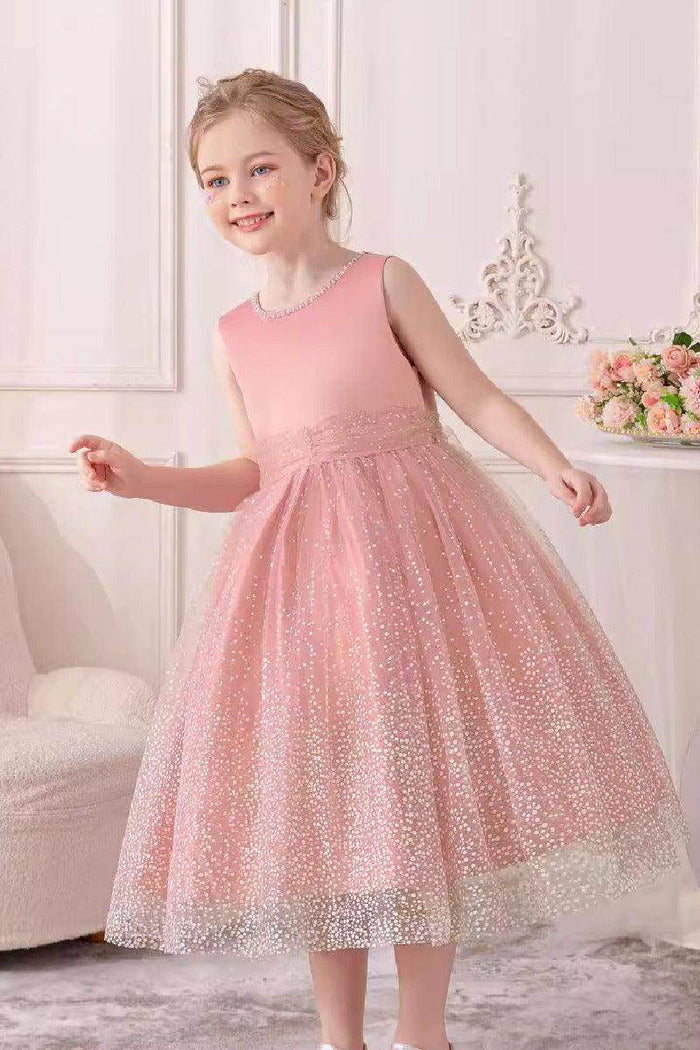 A-Line Scoop Neck Sleeveless Midi Tulle/Sequined Flower Girl Dresses 828722259586 - COCOMELODY