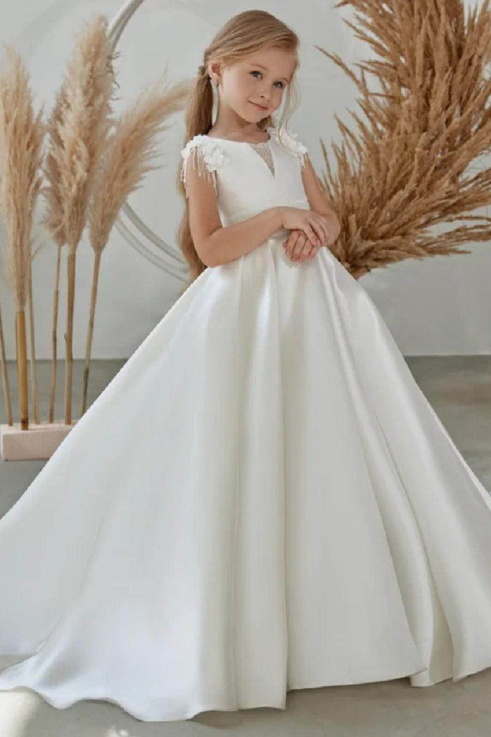 A-Line Scoop Neck Sleeveless Satin Court Train Flower Girl Dresses 738005217304 - COCOMELODY