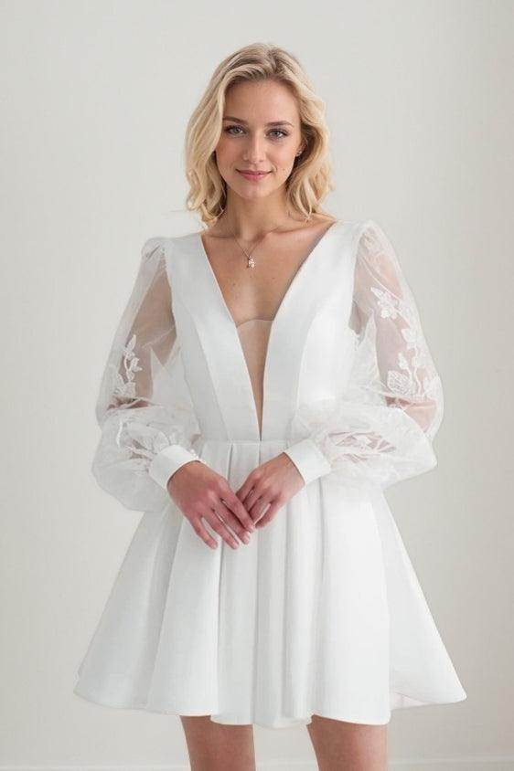 A-Line Short-Mini Satin Lace Wedding Dress CW3412 - COCOMELODY
