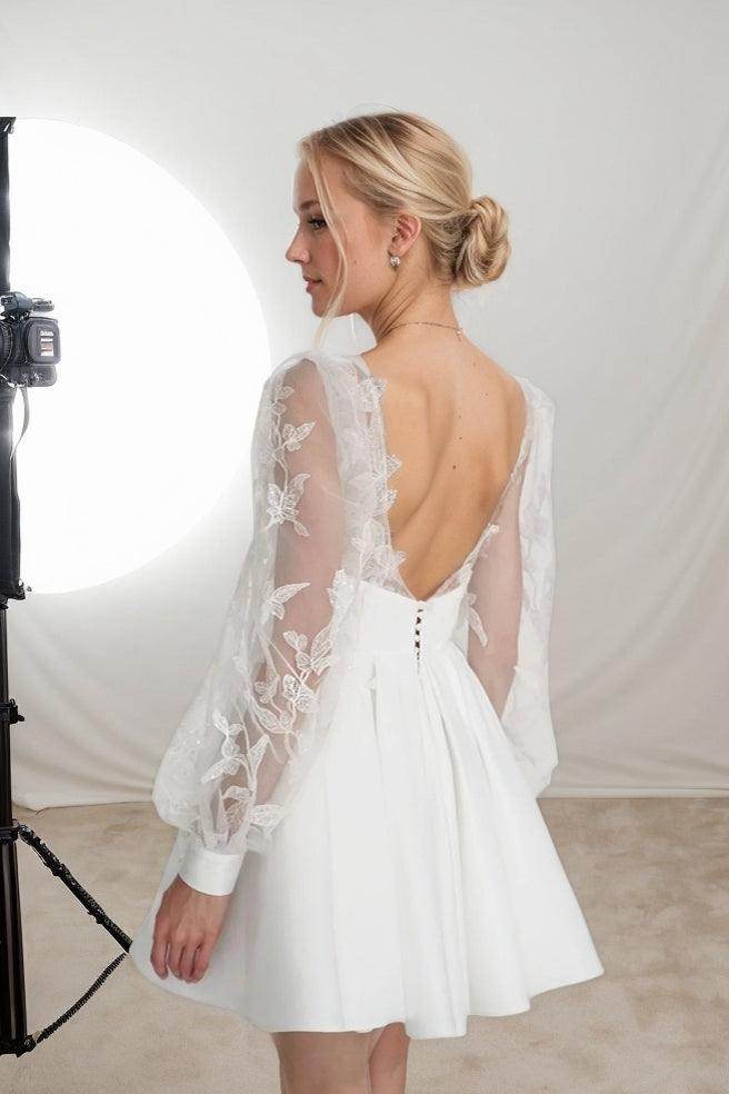 A-Line Short-Mini Satin Lace Wedding Dress CW3412 - COCOMELODY