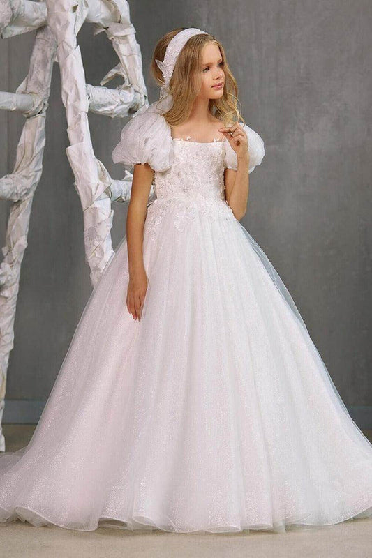 A-Line Square Neck Puff Sleeves Tulle Flower Girl Dresses 748560176475 - COCOMELODY