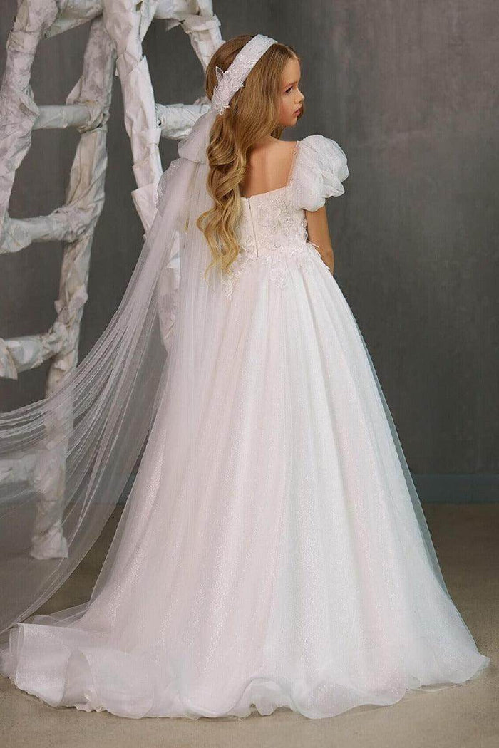 A-Line Square Neck Puff Sleeves Tulle Flower Girl Dresses 748560176475 - COCOMELODY