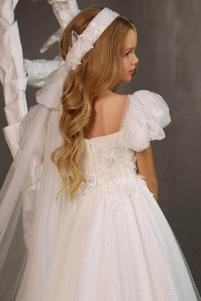 A-Line Square Neck Puff Sleeves Tulle Flower Girl Dresses 748560176475 - COCOMELODY