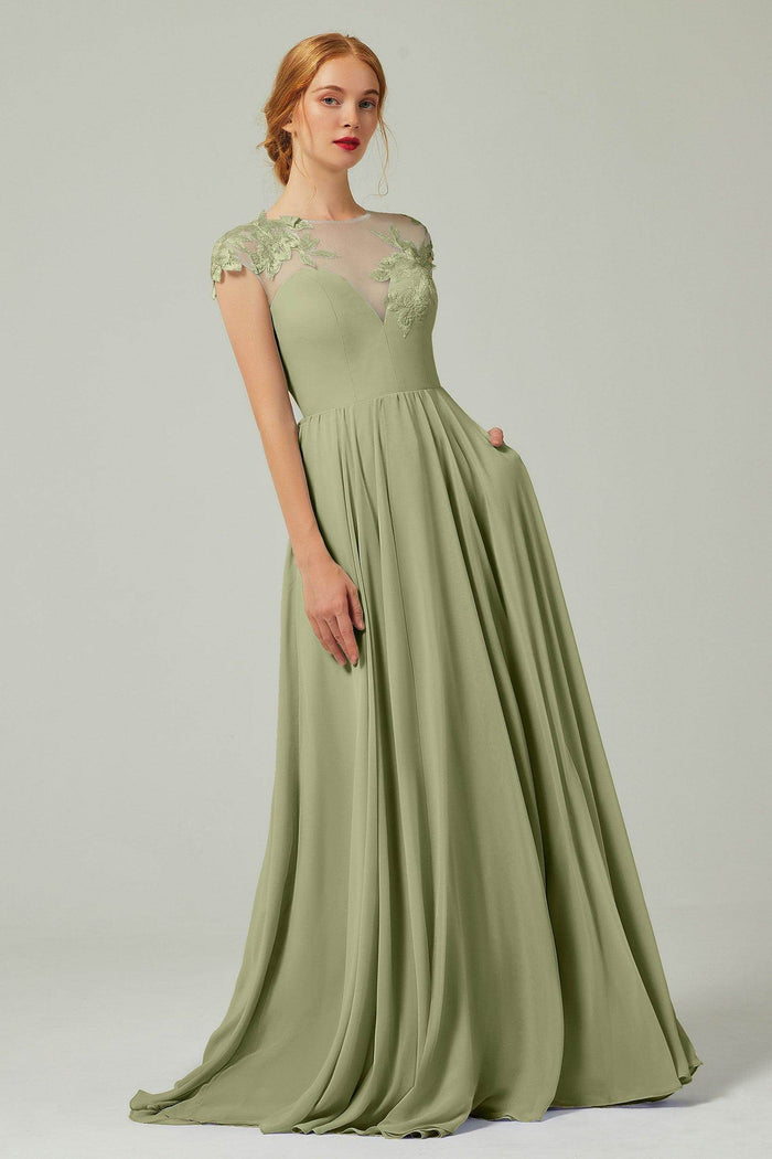 A-Line Sweep-Brush-Train Chiffon Bridesmaid Dress CB0248CR - COCOMELODY