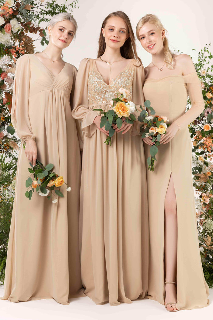 A-Line Sweep-Brush Train Chiffon Bridesmaid Dress CB0478 - COCOMELODY