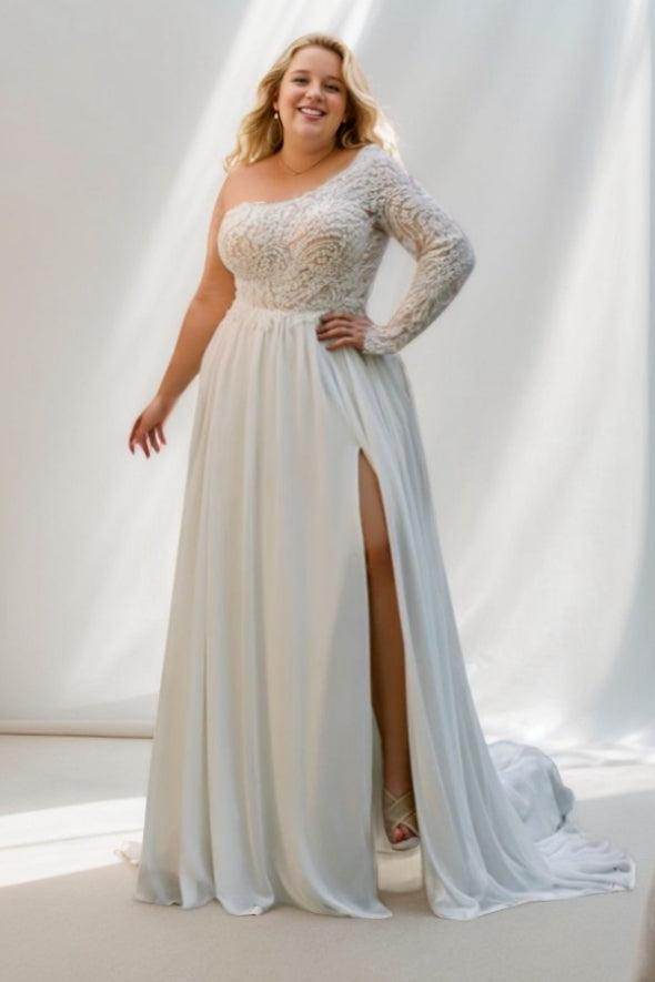 A-Line Sweep-Brush Train Lace Chiffon Wedding Dress CW3495 - COCOMELODY