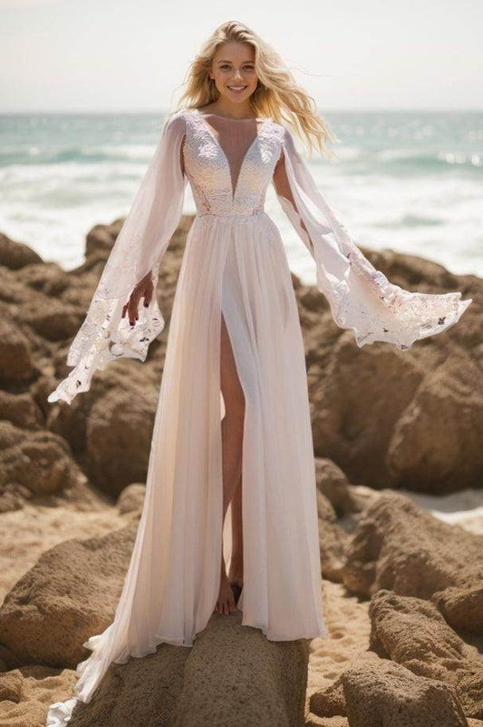 A-Line Sweep-Brush Train Lace Chiffon Wedding Dress CW3500 - COCOMELODY