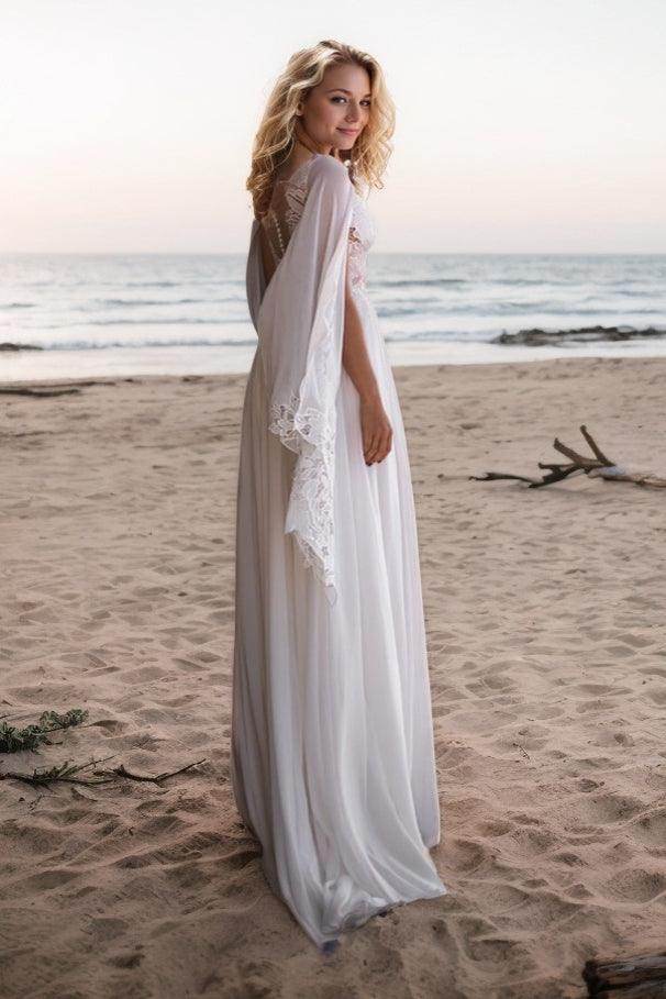 A-Line Sweep-Brush Train Lace Chiffon Wedding Dress CW3500 - COCOMELODY