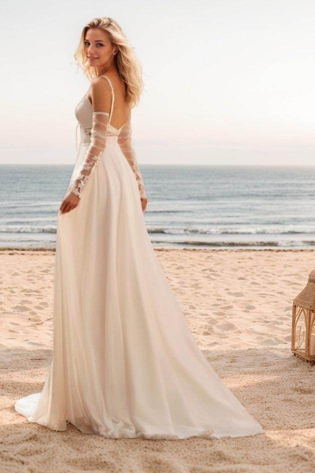 A-Line Sweep-Brush Train Lace Chiffon Wedding Dress CW3501 - COCOMELODY