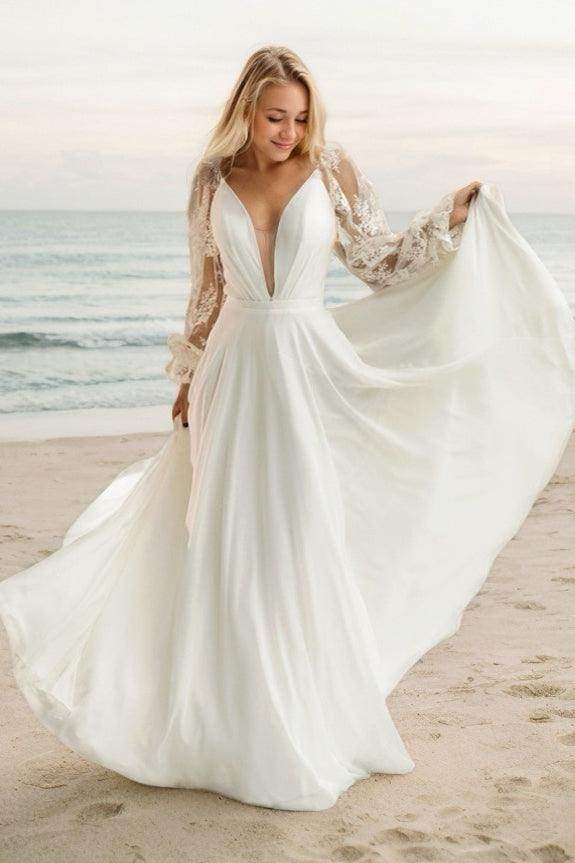 A-Line Sweep-Brush Train Lace Chiffon Wedding Dress CW3513 - COCOMELODY