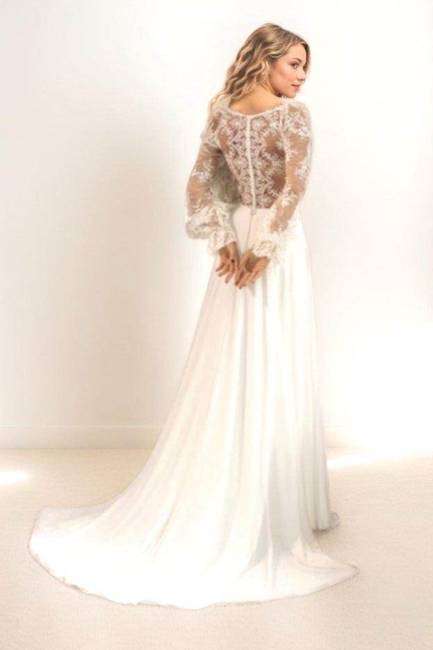 A-Line Sweep-Brush Train Lace Chiffon Wedding Dress CW3513 - COCOMELODY