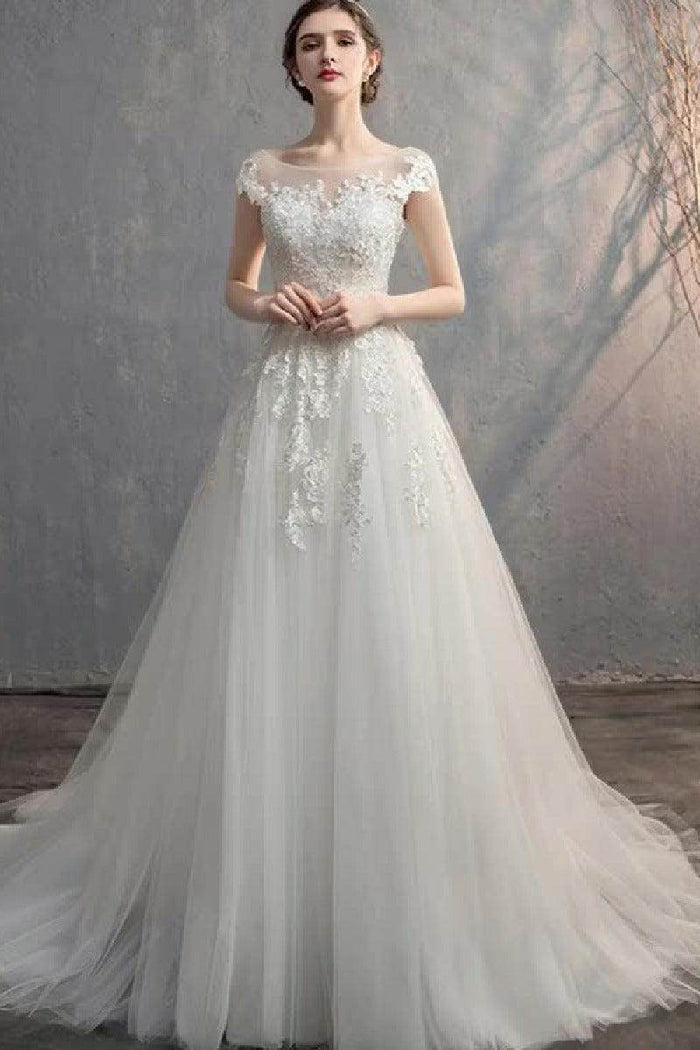A-Line Sweep-Brush Train Lace Tulle Wedding Dress 774150163562 - COCOMELODY