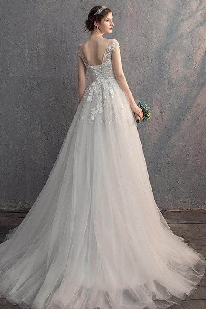 A-Line Sweep-Brush Train Lace Tulle Wedding Dress 774150163562 - COCOMELODY