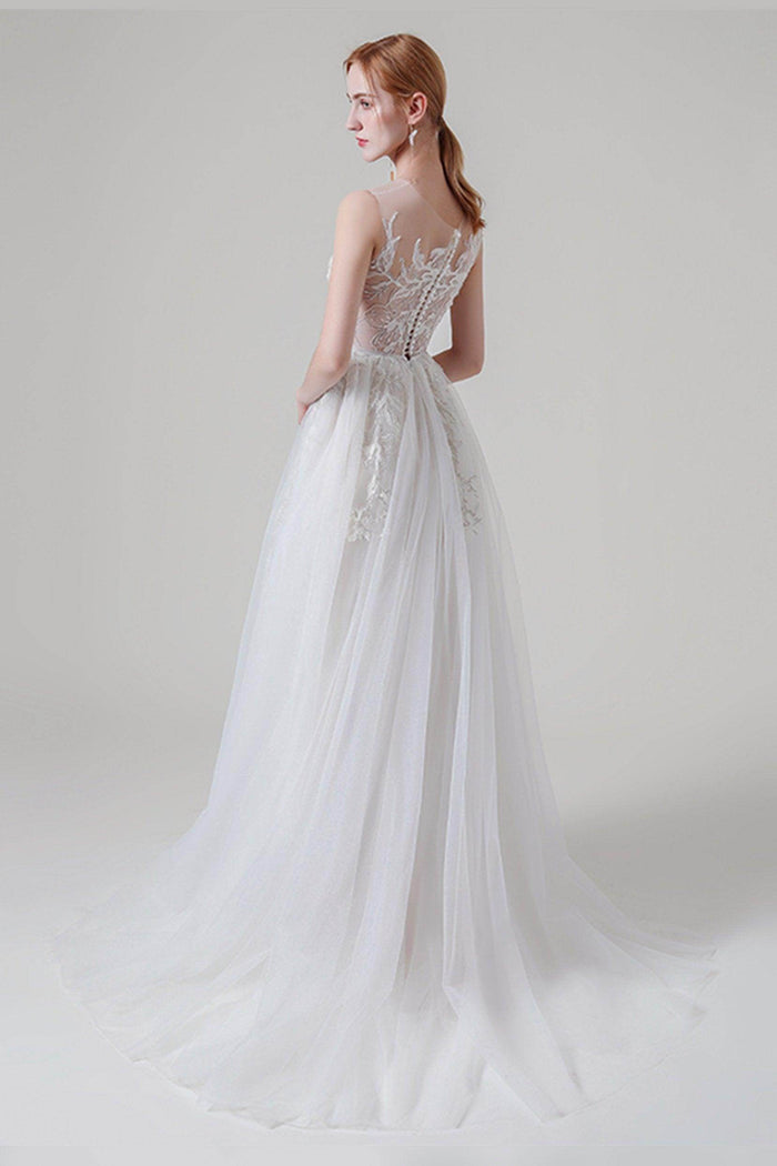 A-Line Sweep-Brush Train Lace Tulle Wedding Dress CW2704 - COCOMELODY