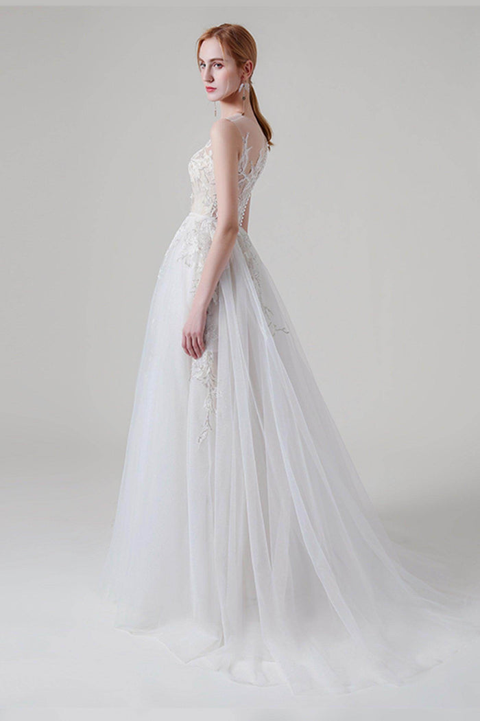 A-Line Sweep-Brush Train Lace Tulle Wedding Dress CW2704 - COCOMELODY