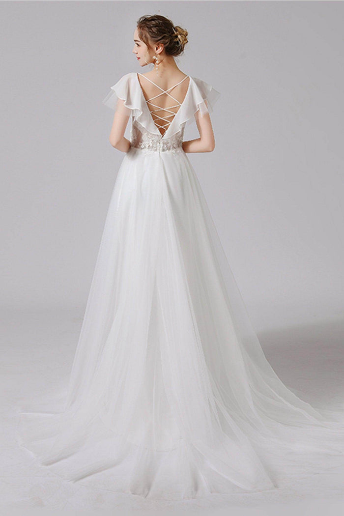 A-Line Sweep-Brush Train Lace Tulle Wedding Dress CW2710 - COCOMELODY