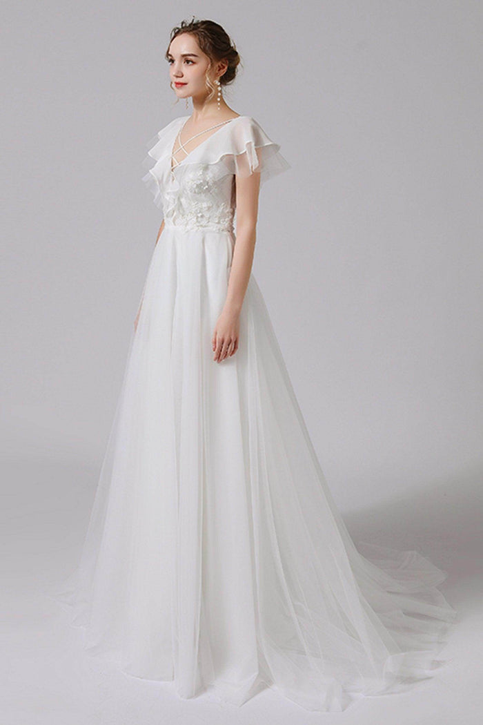 A-Line Sweep-Brush Train Lace Tulle Wedding Dress CW2710 - COCOMELODY