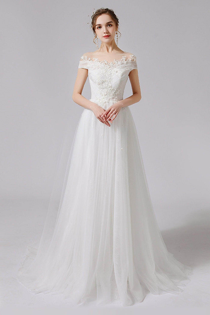 A-Line Sweep-Brush Train Lace Tulle Wedding Dress CW2711 - COCOMELODY