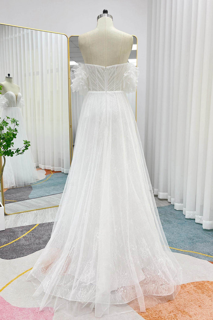 A-Line Sweep-Brush Train Lace Tulle Wedding Dress CW3285 - COCOMELODY