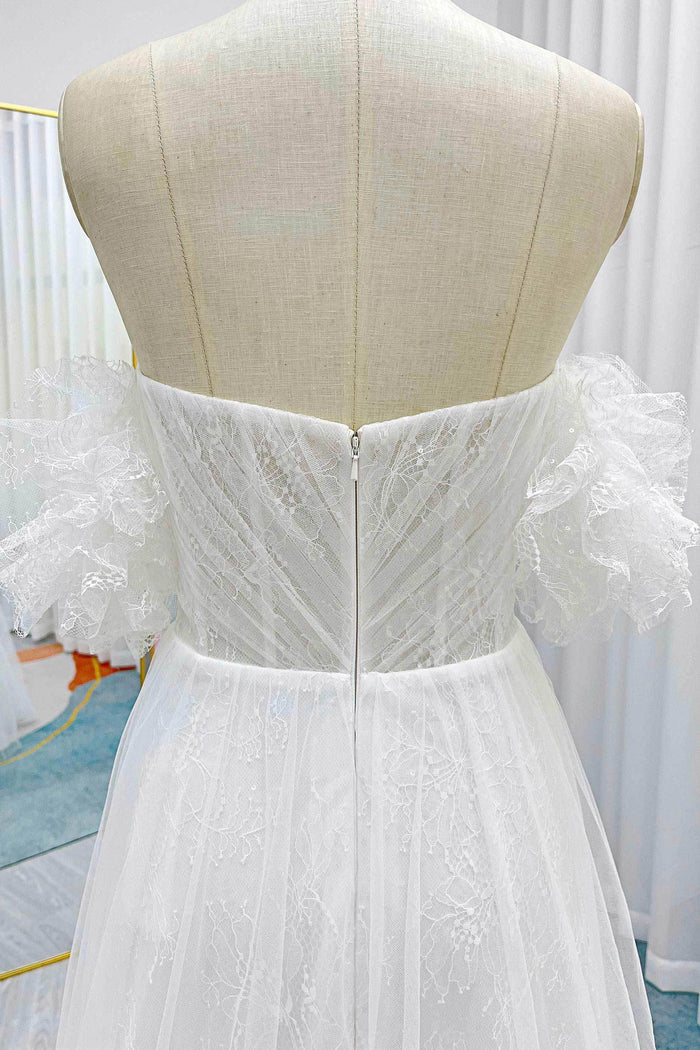 A-Line Sweep-Brush Train Lace Tulle Wedding Dress CW3285 - COCOMELODY