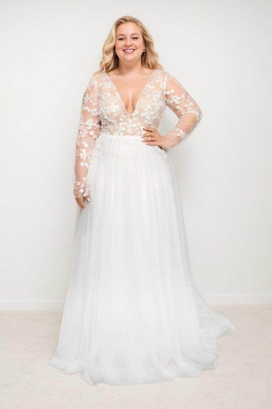 A-Line Sweep-Brush Train Lace Tulle Wedding Dress CW3493 - COCOMELODY