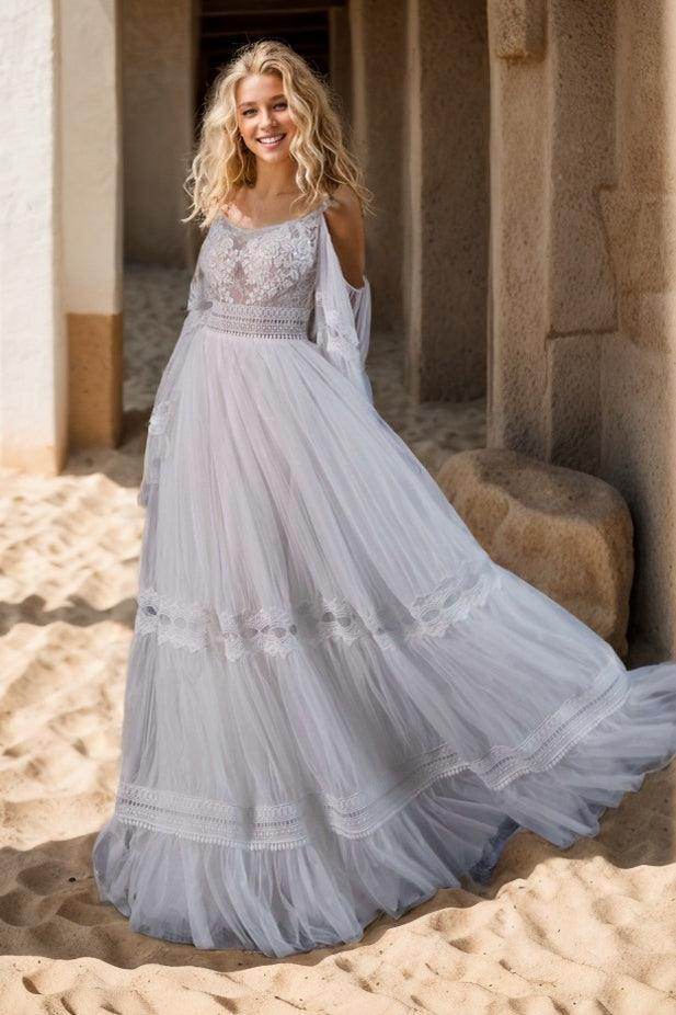A-Line Sweep-Brush Train Lace Tulle Wedding Dress CW3497 - COCOMELODY