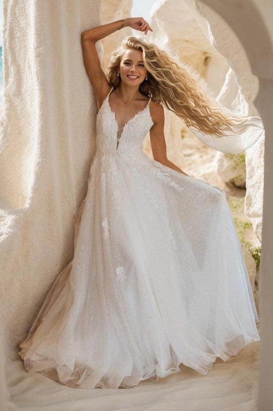 A-Line Sweep-Brush Train Lace Tulle Wedding Dress CW3510 - COCOMELODY