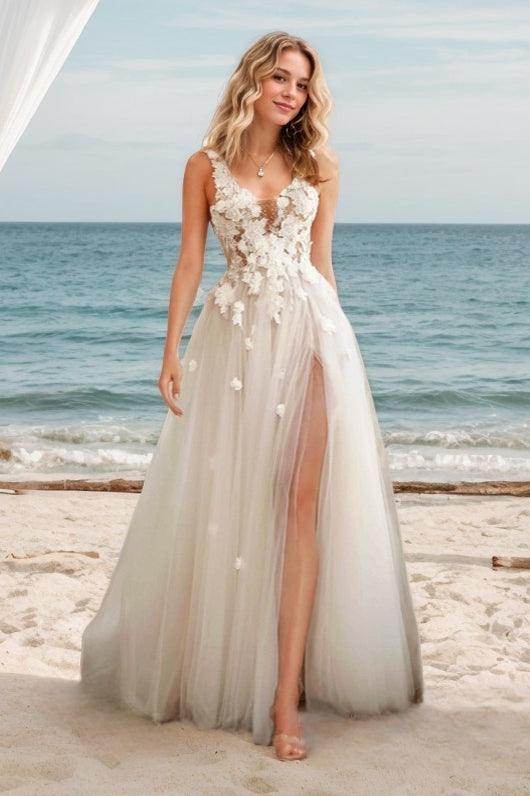 A-Line Sweep-Brush Train Lace Tulle Wedding Dress CW3522 - COCOMELODY