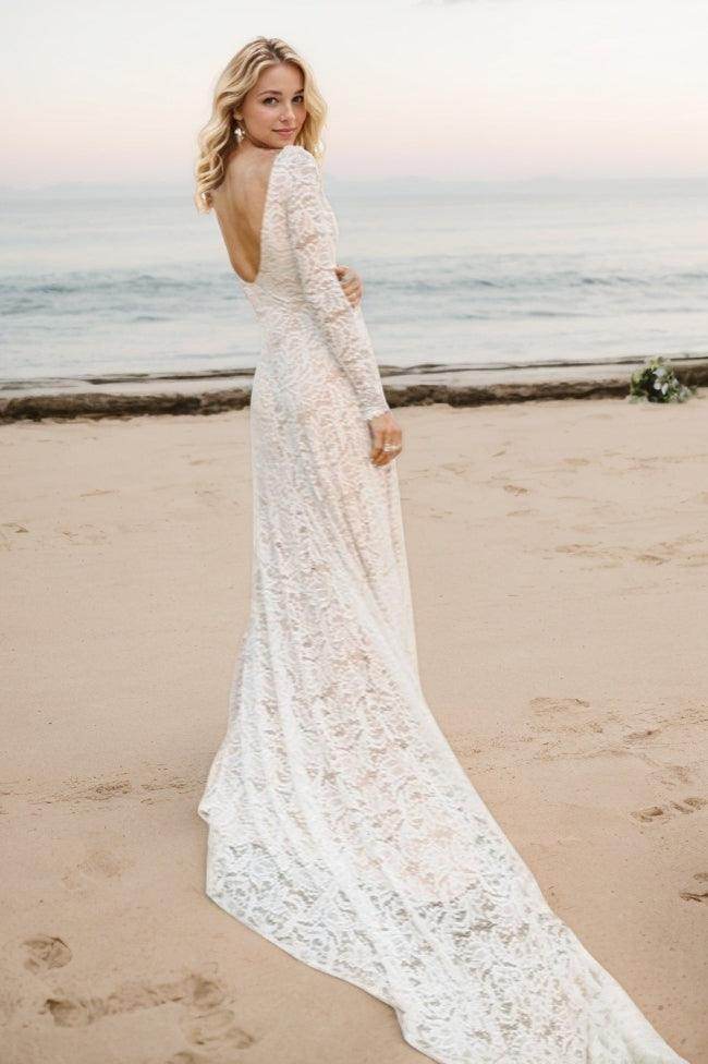A-Line Sweep-Brush Train Lace Wedding Dress CW3506 - COCOMELODY