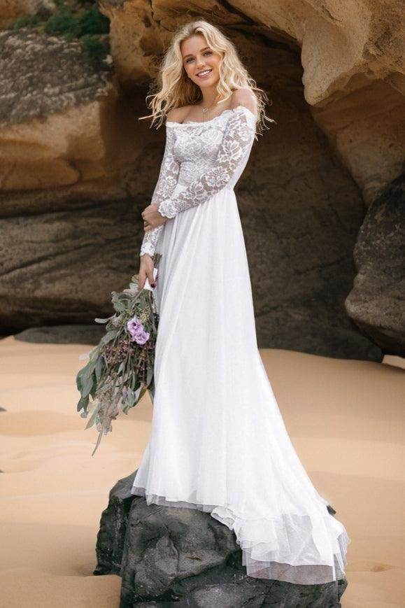 A-Line Sweep-Brush Train Lace Wedding Dress CW3508 - COCOMELODY