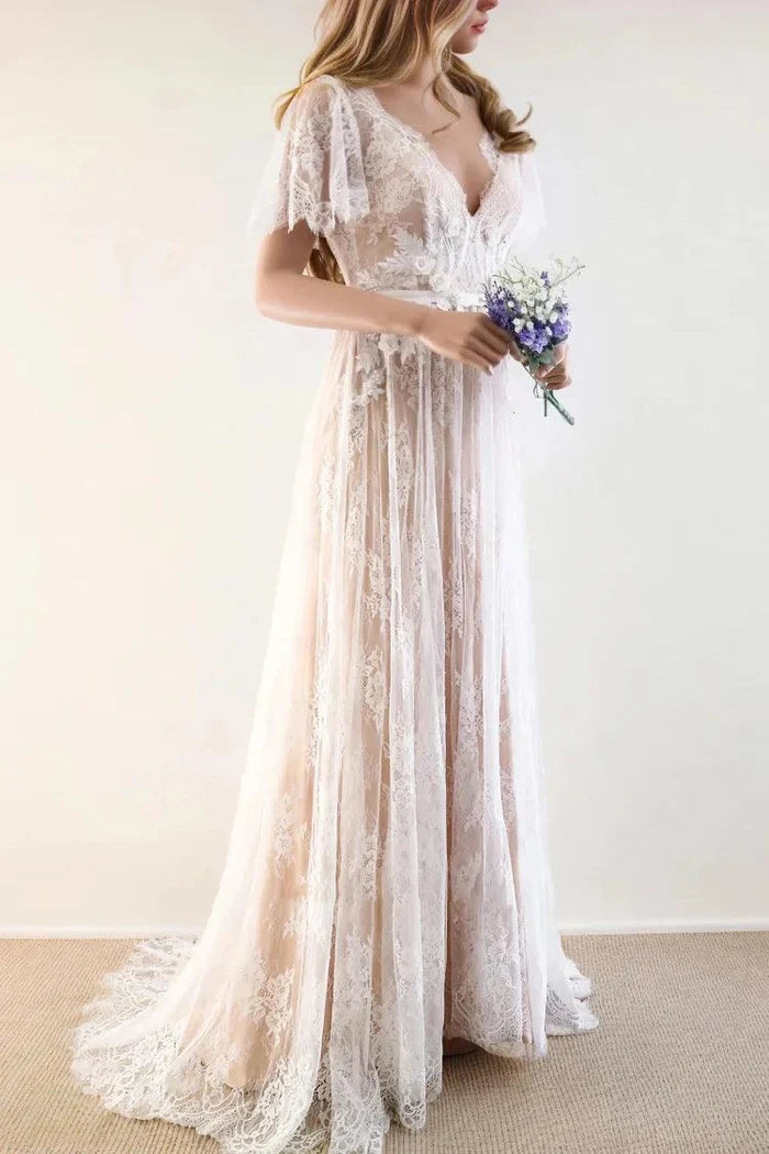A-Line Sweep-Brush Train Lace Wedding Dress CW3511
