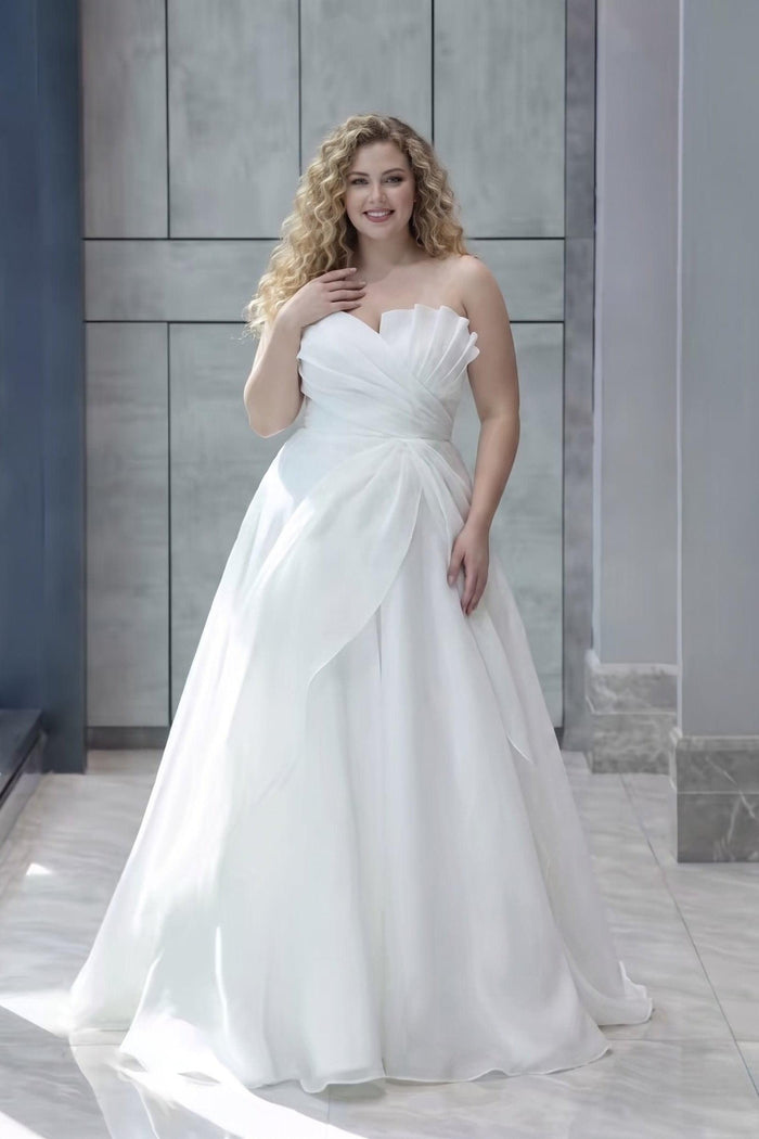 A-Line Sweep-Brush Train Organza Satin Wedding Dress 724137910656