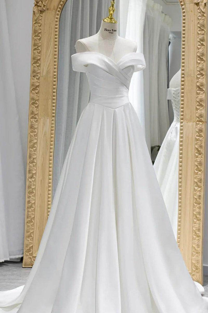 A-Line Sweep-Brush Train Satin Wedding Dress 657200409206 - COCOMELODY
