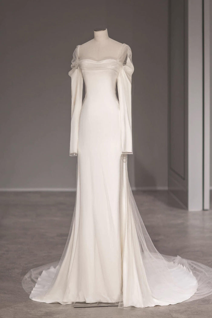 A-Line Sweep-Brush Train Satin Wedding Dress 743493384317