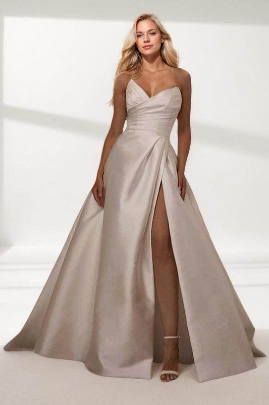 A-Line Sweep-Brush Train Satin Wedding Dress CW3464 - COCOMELODY