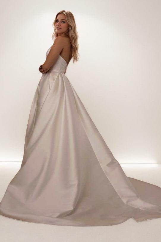 A-Line Sweep-Brush Train Satin Wedding Dress CW3464 - COCOMELODY