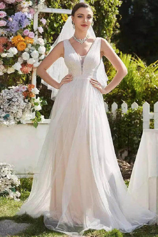 A-Line Sweep-Brush Train Tulle Wedding Dress 837230348553 - COCOMELODY