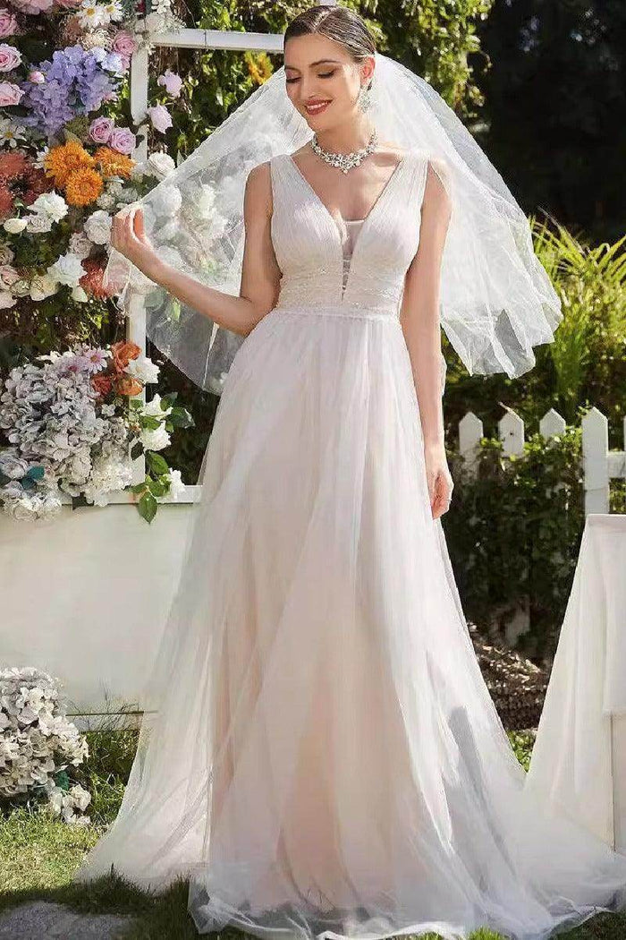 A-Line Sweep-Brush Train Tulle Wedding Dress 837230348553 - COCOMELODY